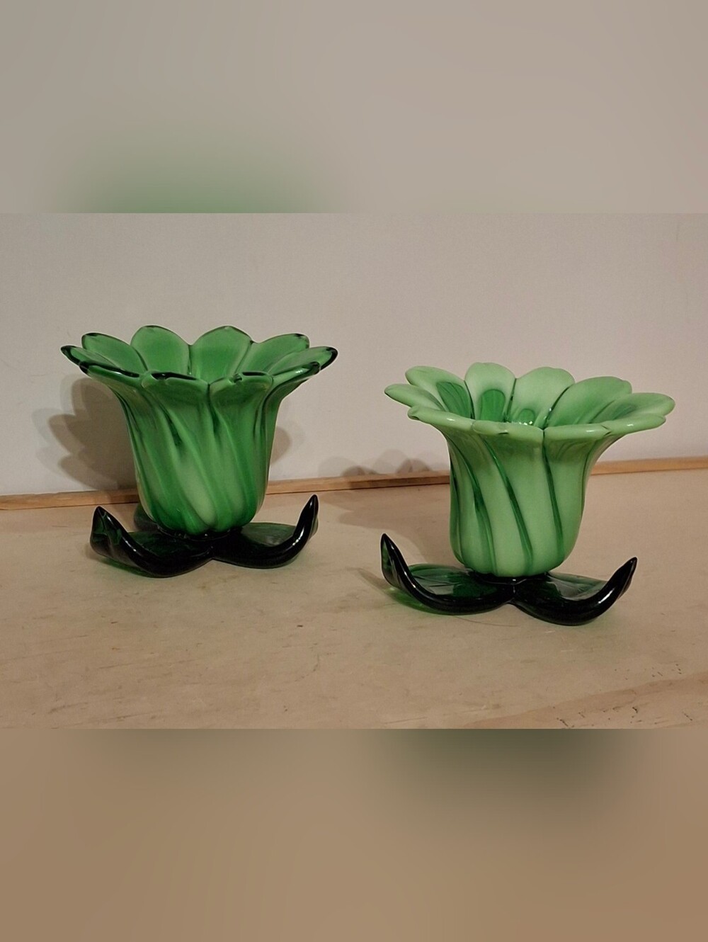 Vintage Mid-Century Hand-Blown Green Glass Tulip Votive Candle Holders, Set of 2